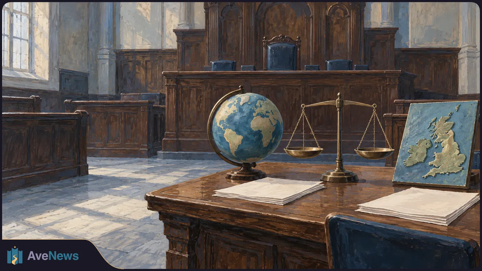 Painted empty courtroom with a globe, balance scales, blank papers and a relief map of Britain and Ireland on a wooden table. SI illustration