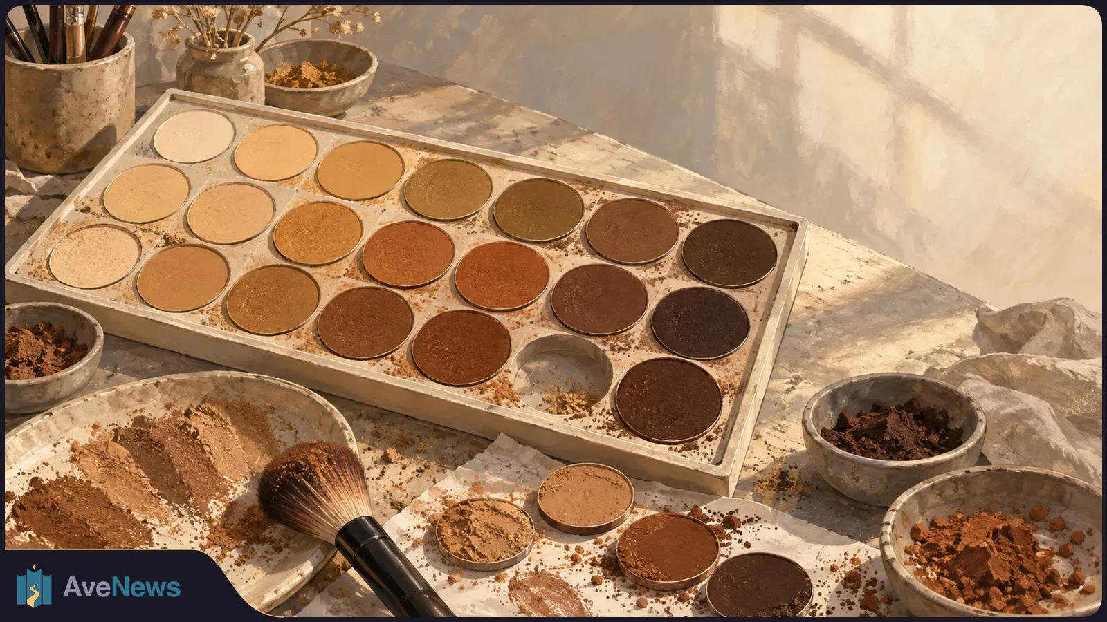 A large palette of light-to-deep brown makeup powders, with one empty pan, brushes and loose powder on a sunlit worktable. SI illustration
