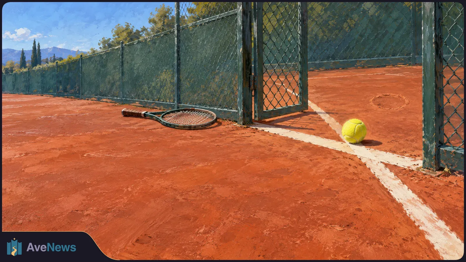 A painted clay tennis court with a racket and yellow ball beside an open chain-link gate, with trees and mountains in the distance. SI illustration