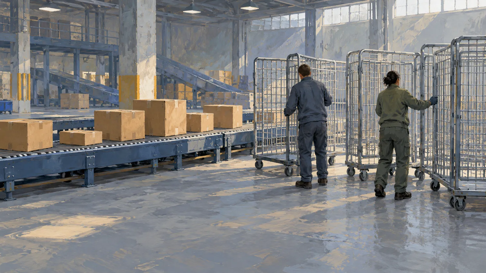 Illustration of two workers handling wheeled metal cages beside a conveyor carrying cardboard boxes in a spacious warehouse. SI illustration