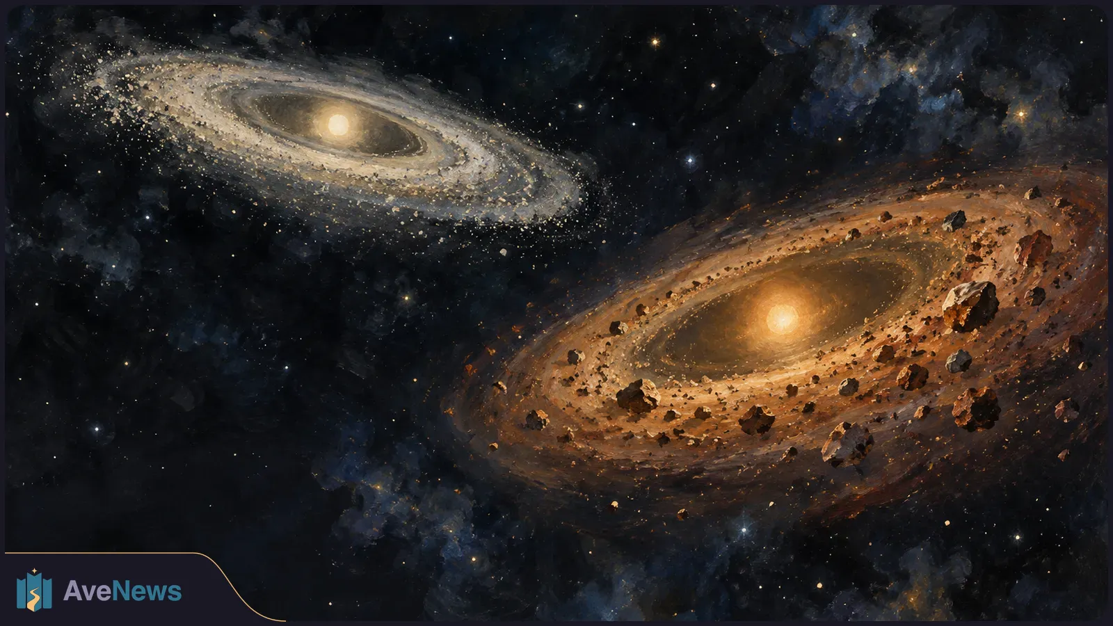 Illustration of two stars surrounded by contrasting pale and orange dust rings, with rocky debris scattered through space. SI illustration