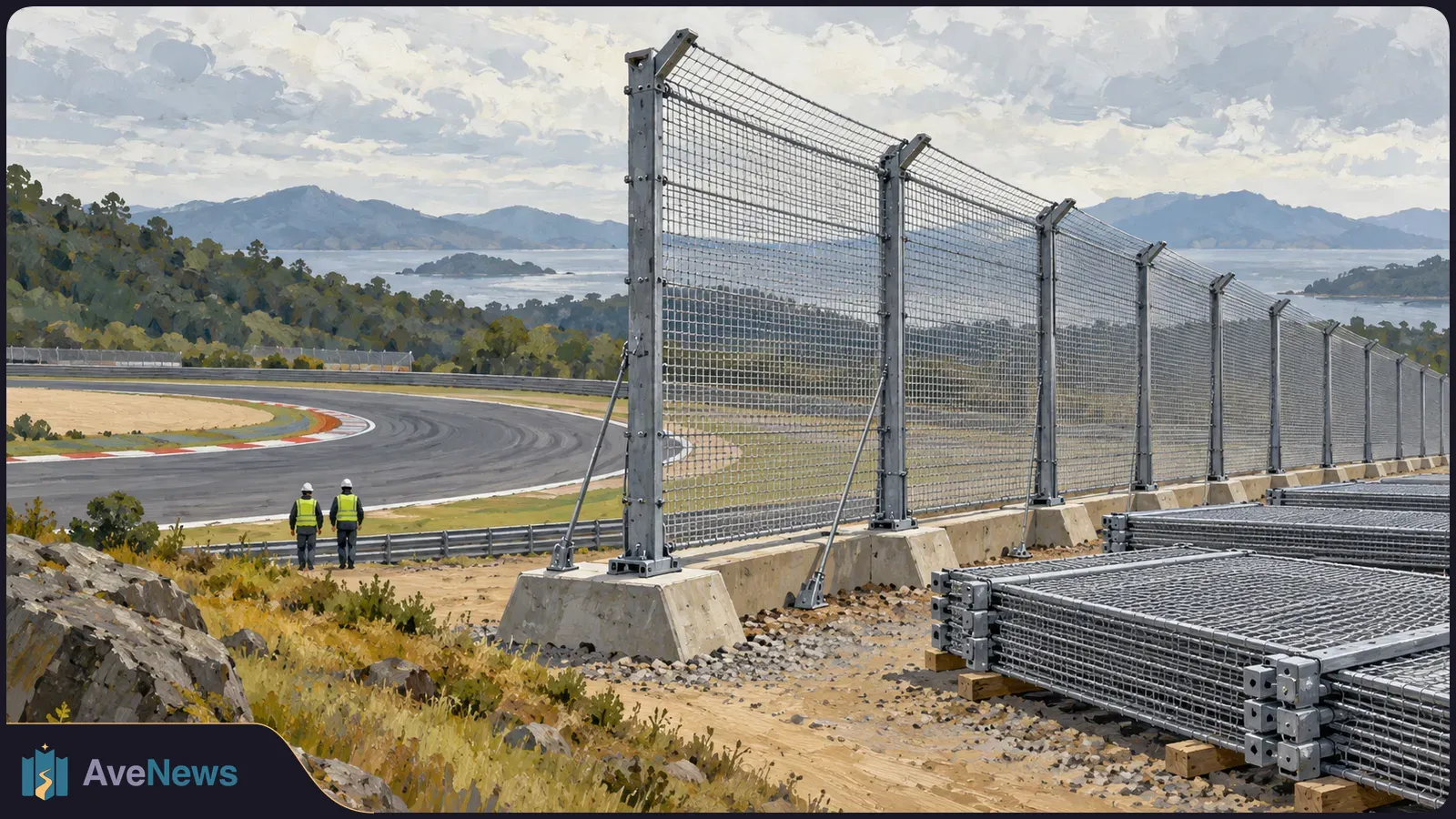 Illustration of a tall mesh safety fence beside a curving racetrack, with stacked fence panels in the foreground and two workers in high-visibility vests nearby. SI illustration