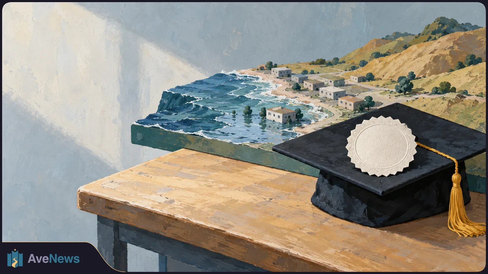 A black graduation cap with a blank white seal rests on a wooden desk beside a painted coastal scene with waves, hills and small buildings. SI illustration