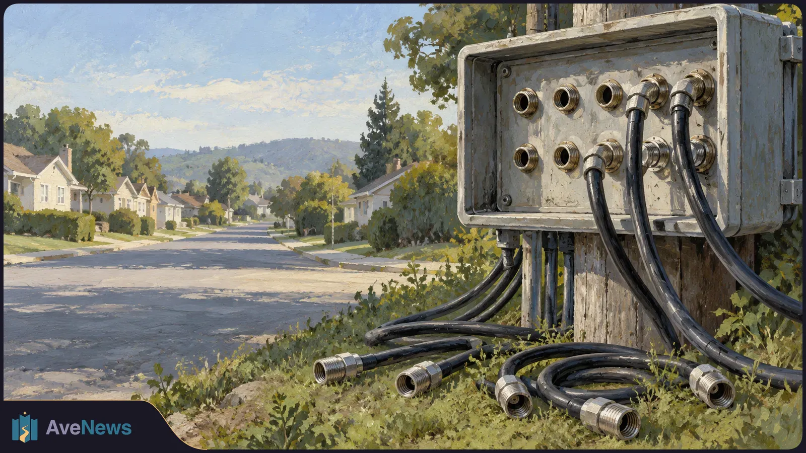 Illustration of a cable junction box on a utility pole, with black cables plugged in and others lying loose beside a quiet suburban street. SI illustration