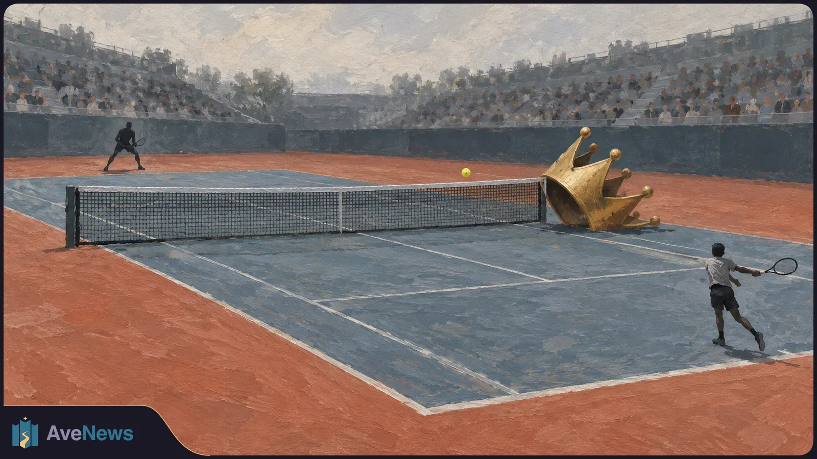 Painted tennis match on a blue and red court before crowded stands; a yellow ball crosses the net near a large golden crown lying on its side. SI illustration