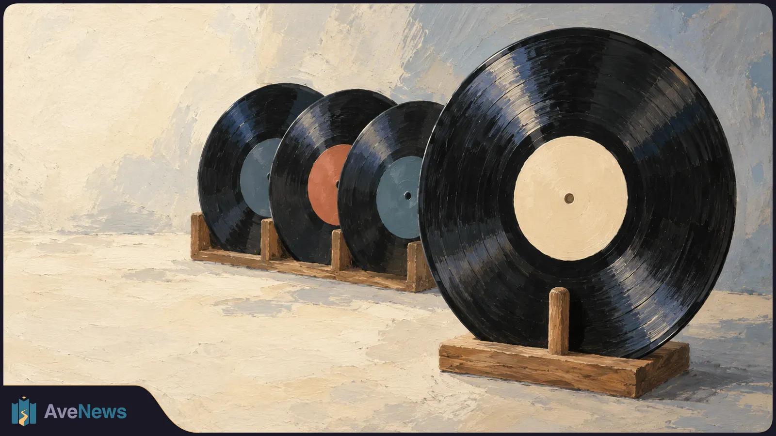 Four black vinyl records stand in wooden holders against a cream and gray painted background; the largest record in front has a plain cream label. SI illustration