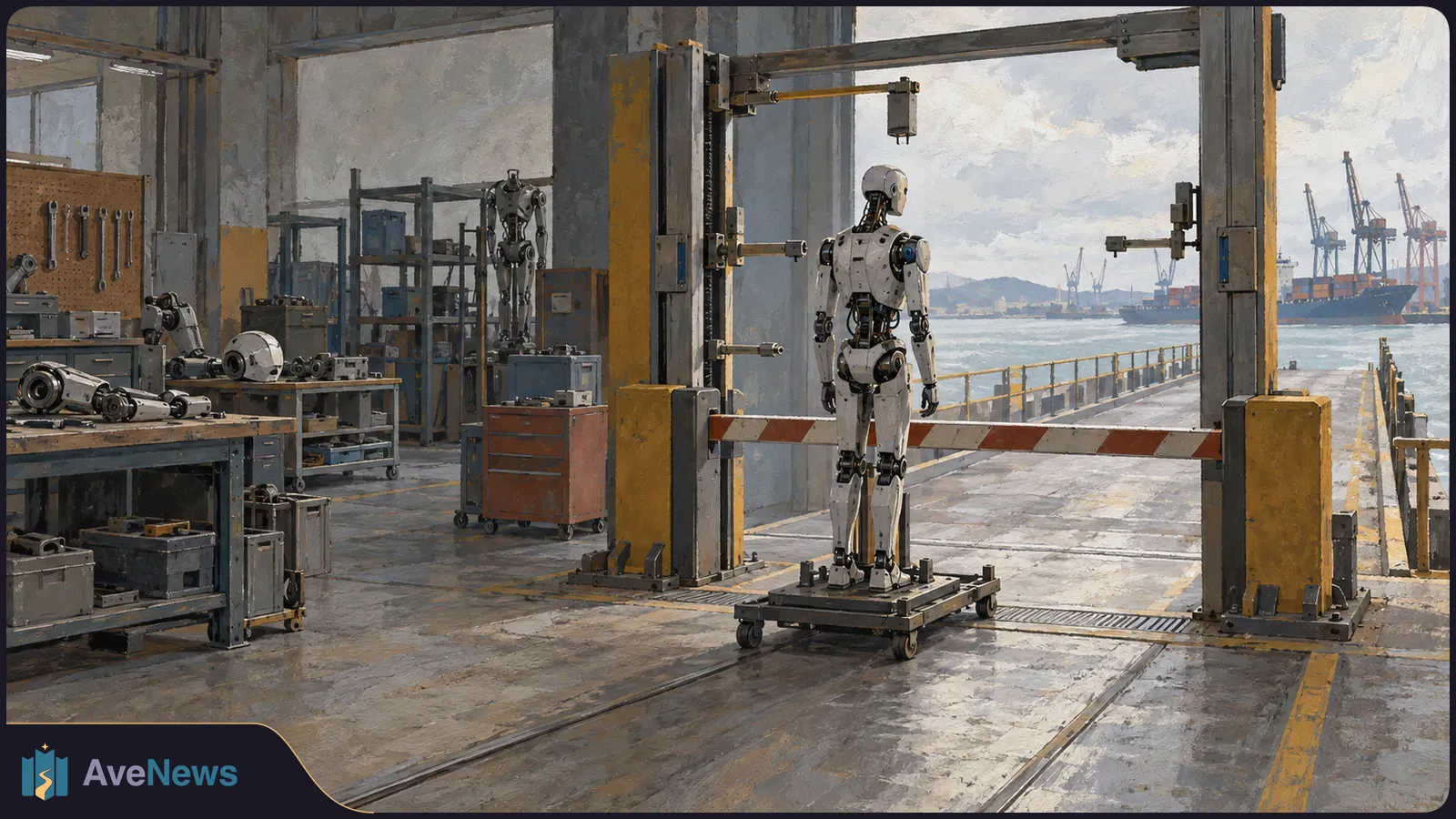 A white humanoid robot on a wheeled platform faces a striped barrier at a workshop exit. Robot parts sit on benches, with harbor cranes and a cargo ship beyond. SI illustration