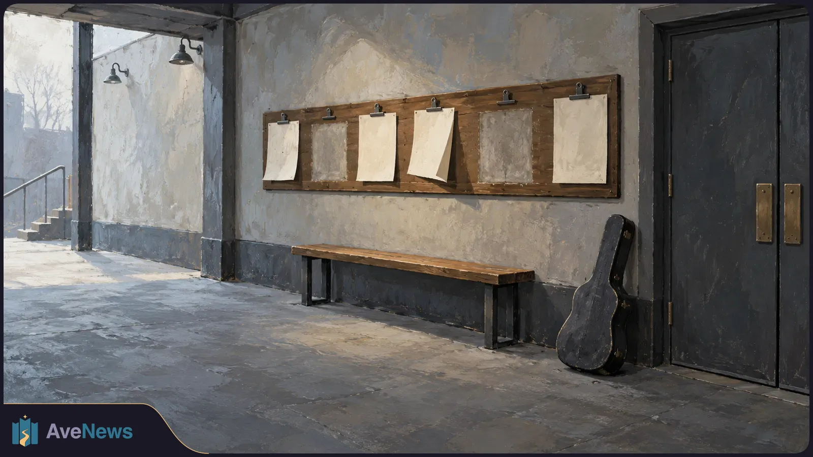 Painted view of an empty venue corridor with blank sheets clipped to a wooden board, a bench, a guitar case and dark double doors. SI illustration