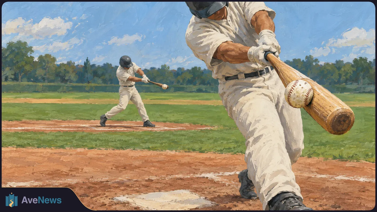 Painted illustration of two baseball batters in white uniforms swinging on a field, with a ball beside the foreground bat near home plate. SI illustration