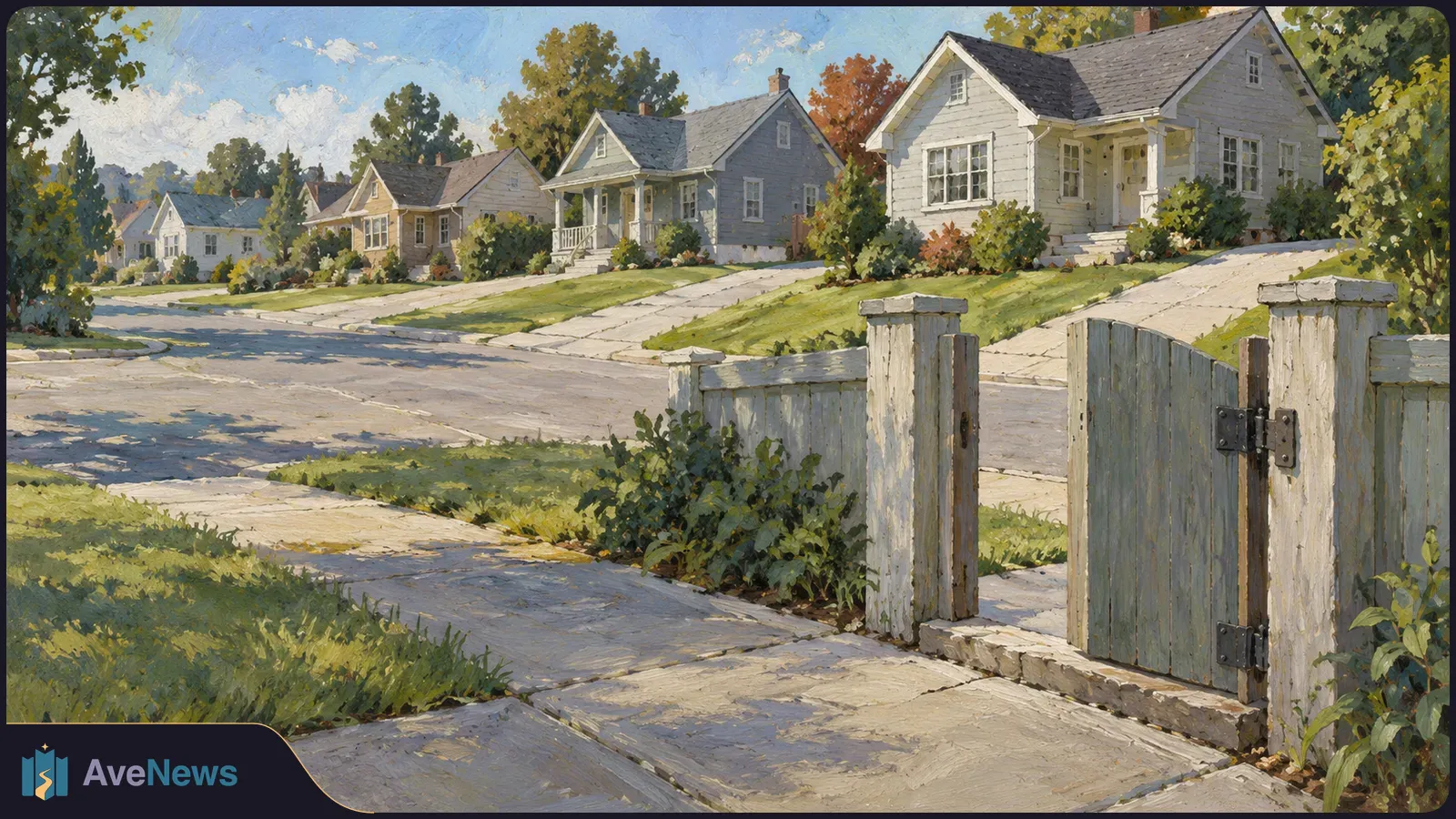 Painted view of a quiet suburban street lined with detached houses, lawns and driveways, with a pale wooden gate in the foreground. SI illustration