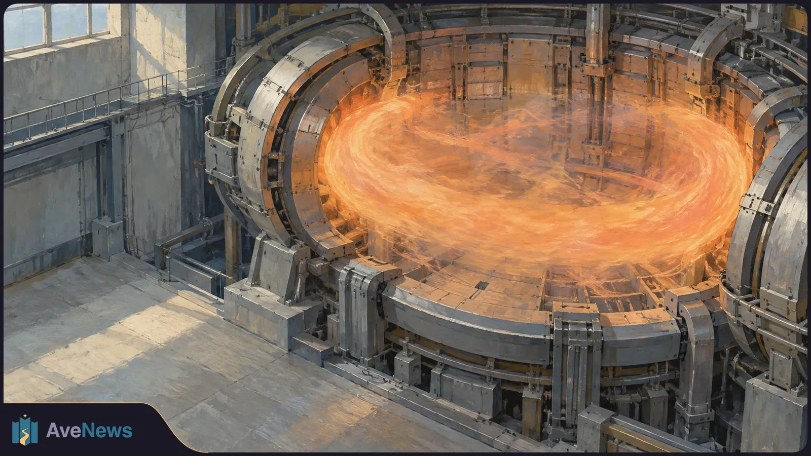 Painterly view of a large circular machine in an industrial hall, with a bright orange swirl glowing inside. SI illustration