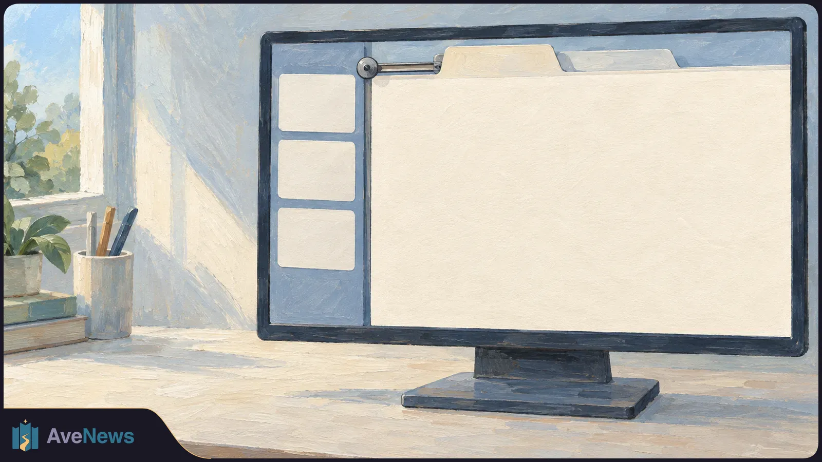 Painted desk scene with a monitor showing a large blank panel, three empty boxes in a left sidebar and tabs along the top. A plant and pens sit beside it. SI illustration
