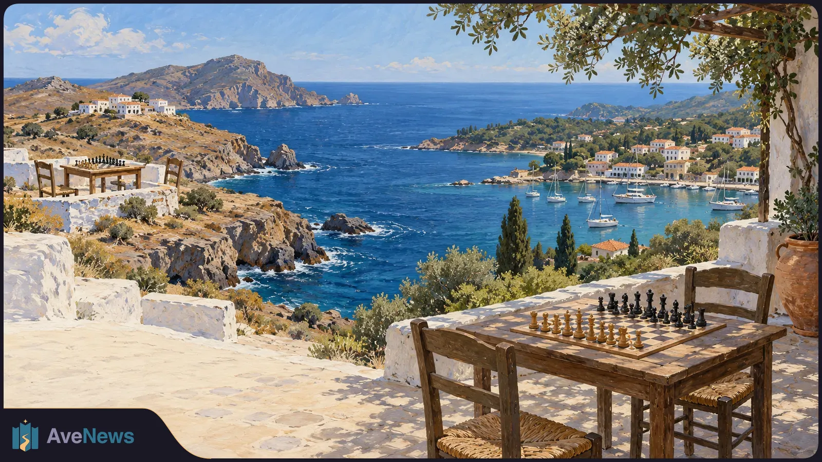 Painted seaside terrace with a chessboard set on a wooden table, overlooking a blue bay, sailboats, rocky hills and white buildings. SI illustration