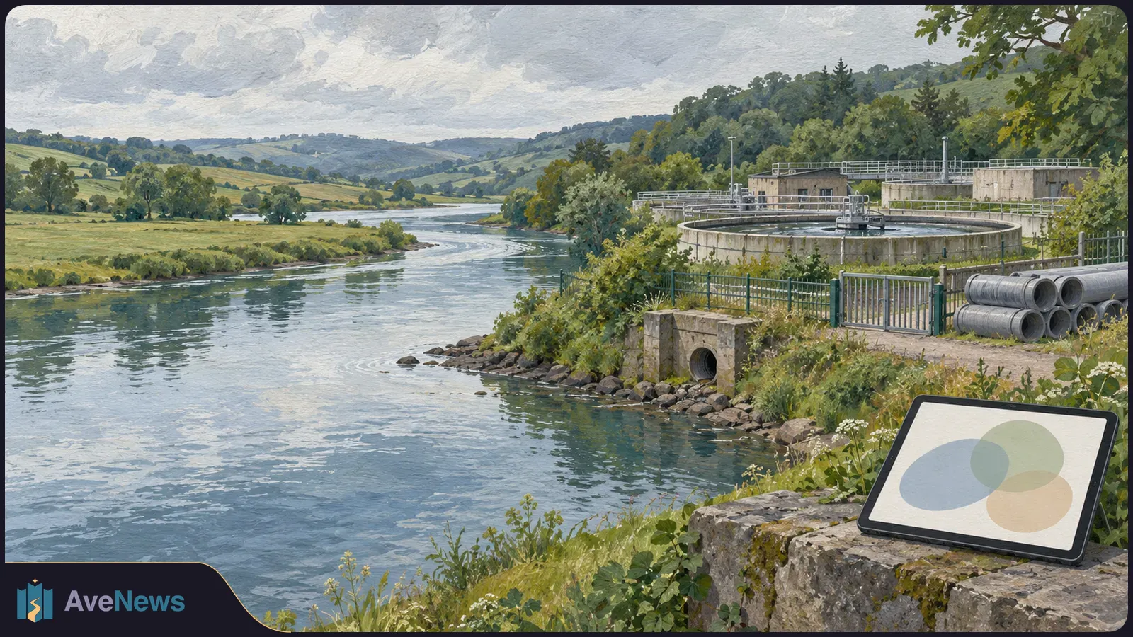 Painted river landscape with circular treatment tanks and stacked pipes beside the water. A tablet on a stone wall shows three overlapping colored circles. SI illustration