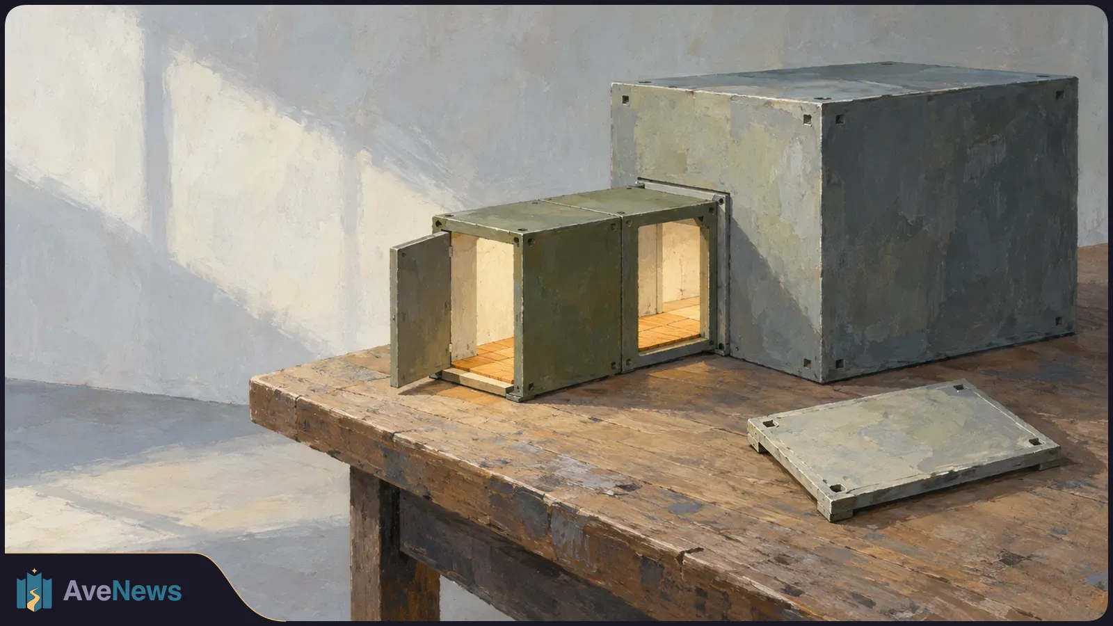 Illustration of a gray metal enclosure on a worn wooden table, with a small compartment open and a detached panel lying beside it. SI illustration