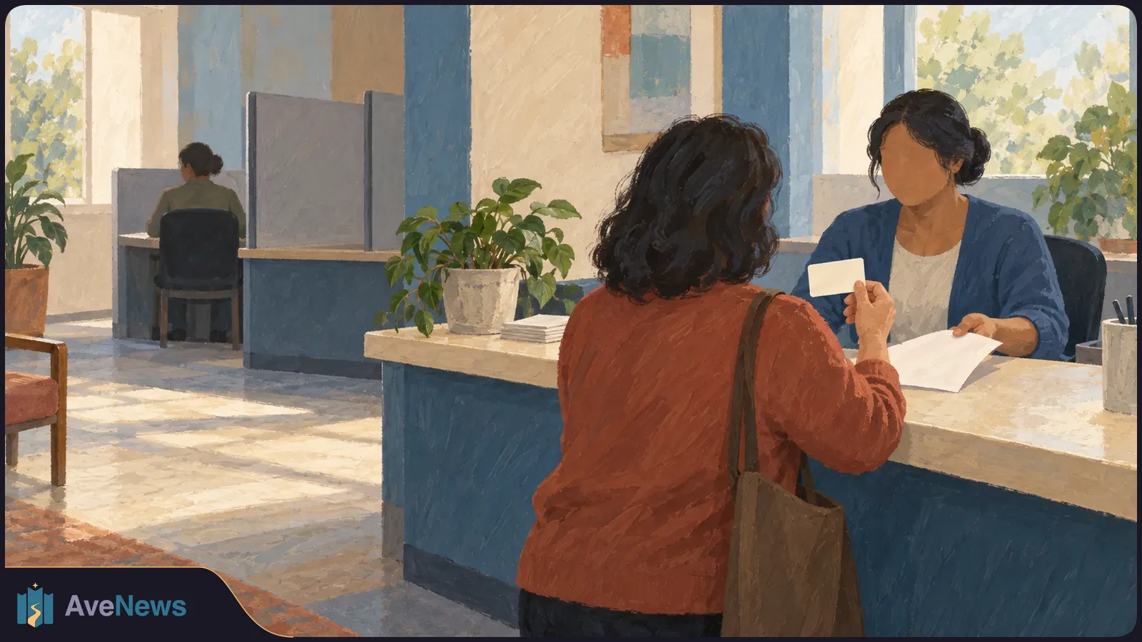 Illustration of a woman holding a blank card at a reception desk while another woman holds a sheet of paper. A third person sits at a cubicle in the background. SI illustration
