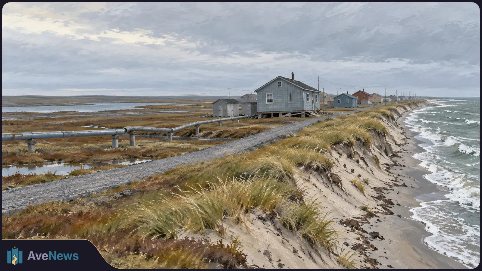 Houses and a pipe stand beside a gravel road on a narrow coastal dune, where waves meet an eroded sandy slope under a cloudy sky. SI illustration