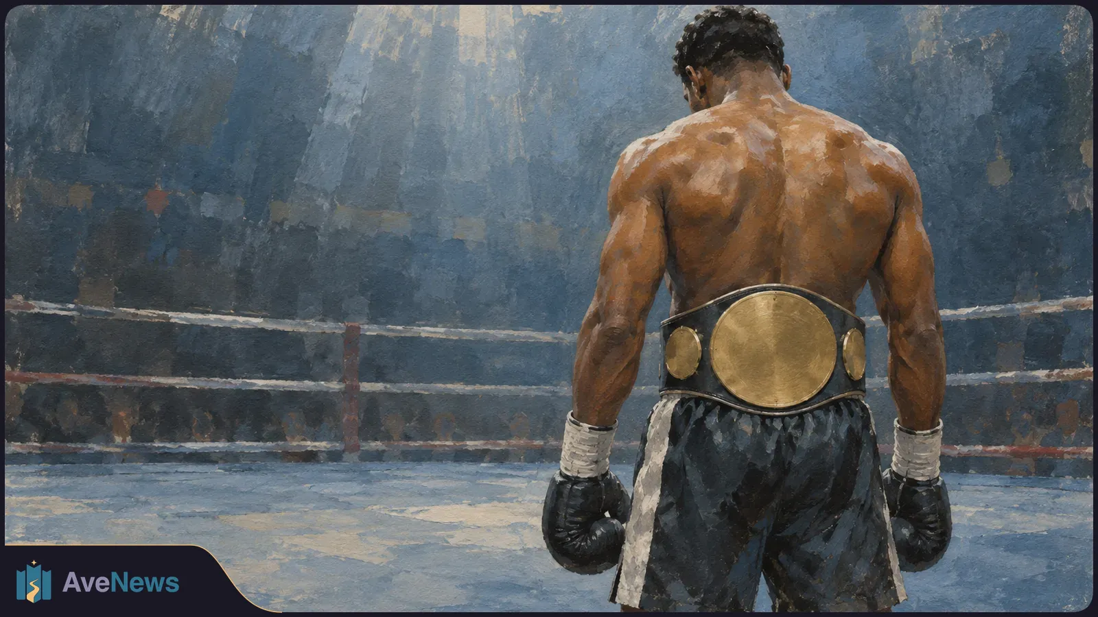 Painted view of a boxer from behind in a ring, wearing black gloves and shorts and a gold championship belt under overhead lights. SI illustration