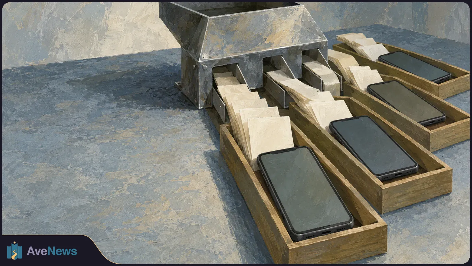 A painted metal sorter feeds blank paper slips into wooden trays, each holding a dark-screen smartphone. SI illustration