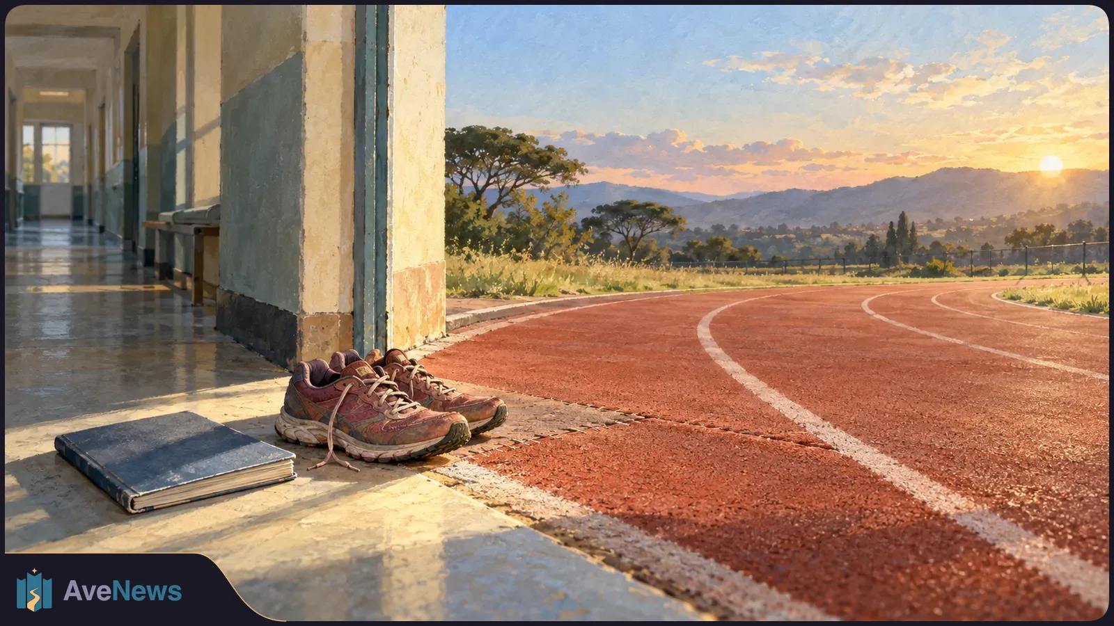 Worn running shoes and a closed notebook rest beside a corridor where it meets a curved running track at sunset. SI illustration