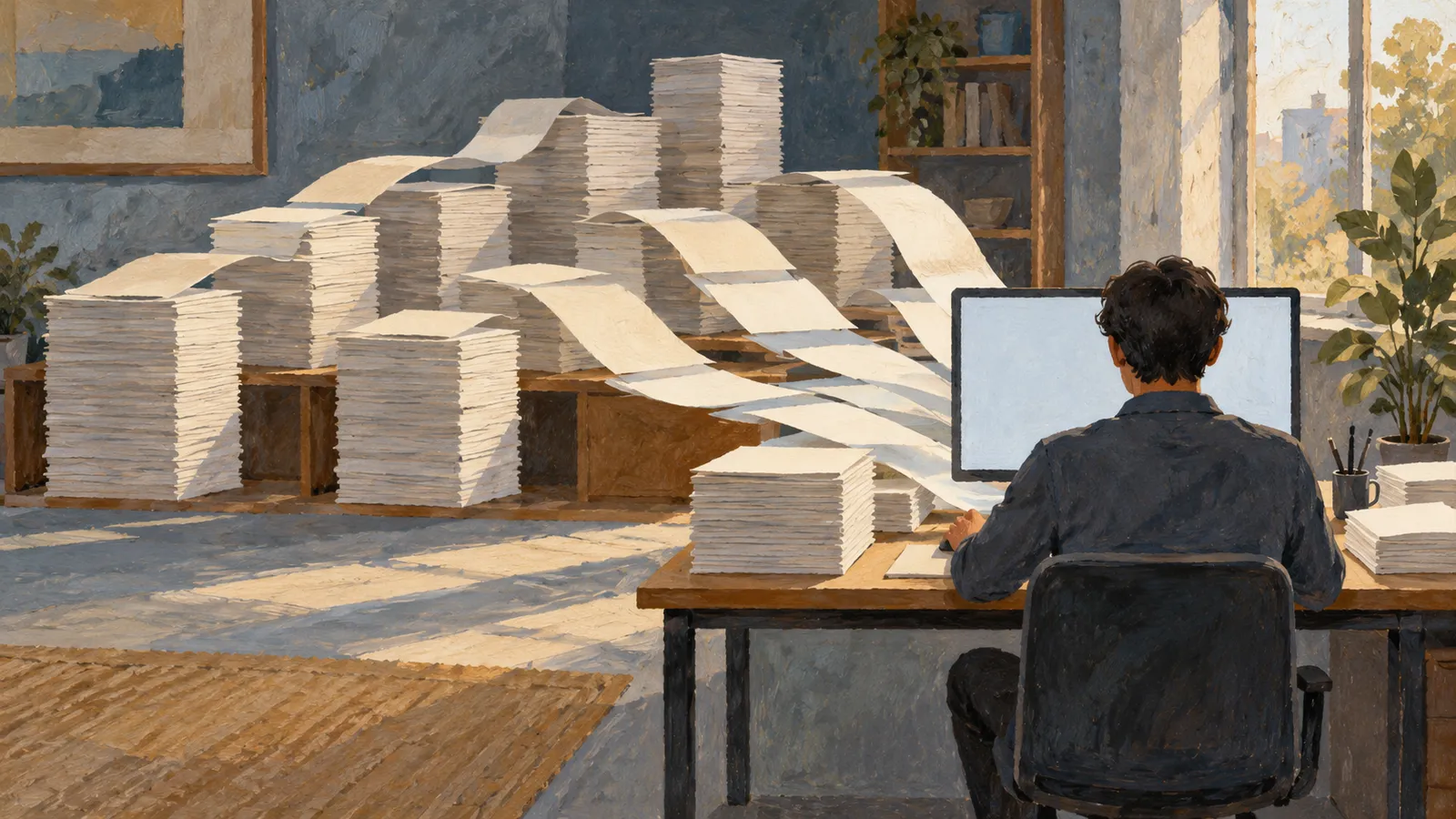 A painted office scene shows a person at a blank computer screen, surrounded by tall stacks of paper and long sheets draped across them. SI illustration