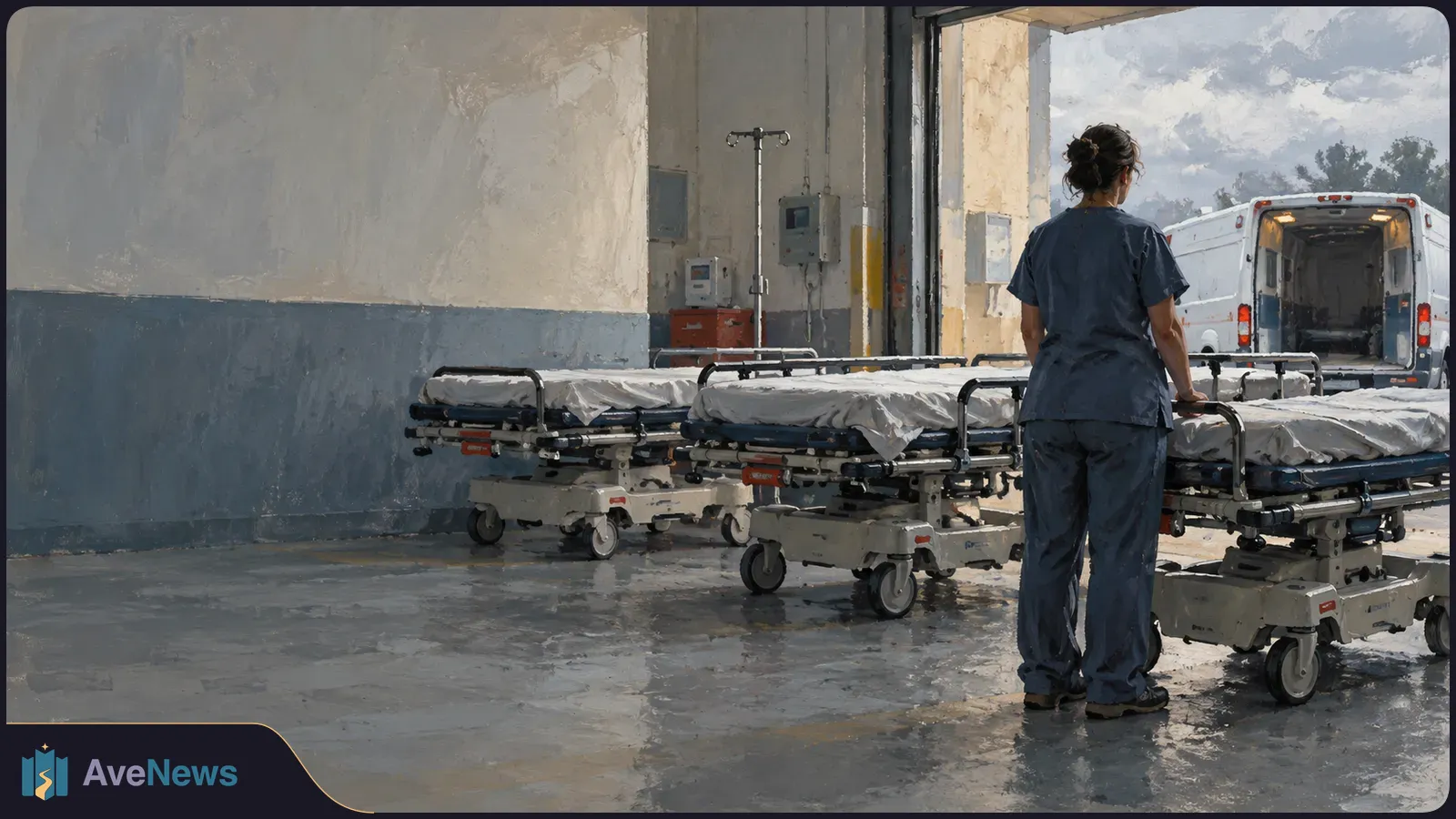 A person in dark blue scrubs stands beside several empty hospital stretchers near an open bay, with an ambulance parked outside. SI illustration