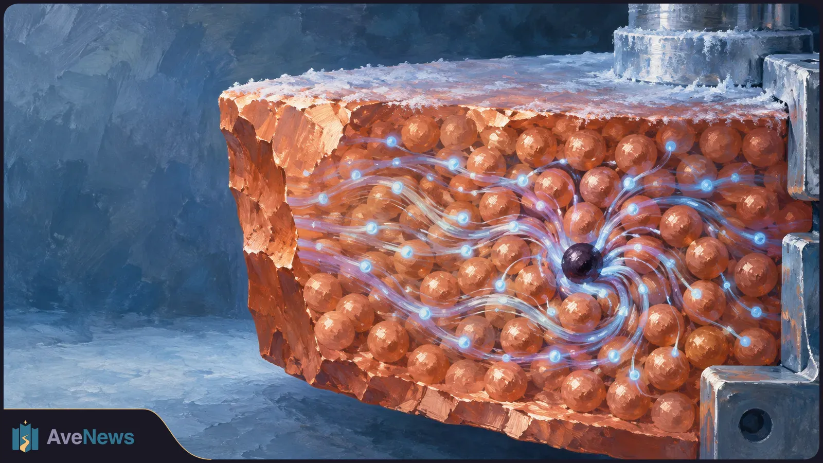 Painted cutaway of a copper-colored block filled with spheres. Blue glowing trails curl around a dark sphere; frost covers the top, with metal fittings at the right. SI illustration