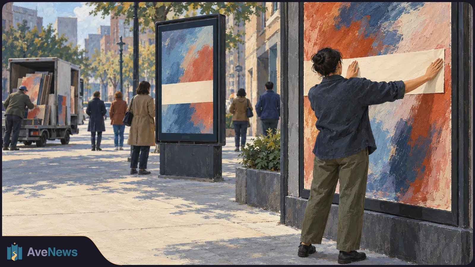 Painted city sidewalk scene: a person presses a blank white strip across a colorful display, with a matching display, pedestrians and a truck nearby. SI illustration