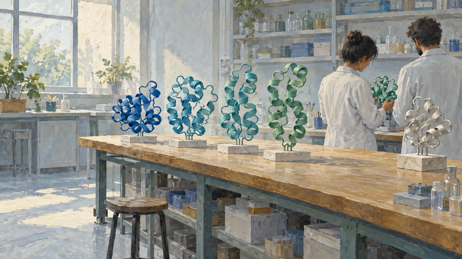 A painted laboratory scene shows two people in white coats beside colorful ribbon-like molecular models arranged on a sunlit workbench. SI illustration