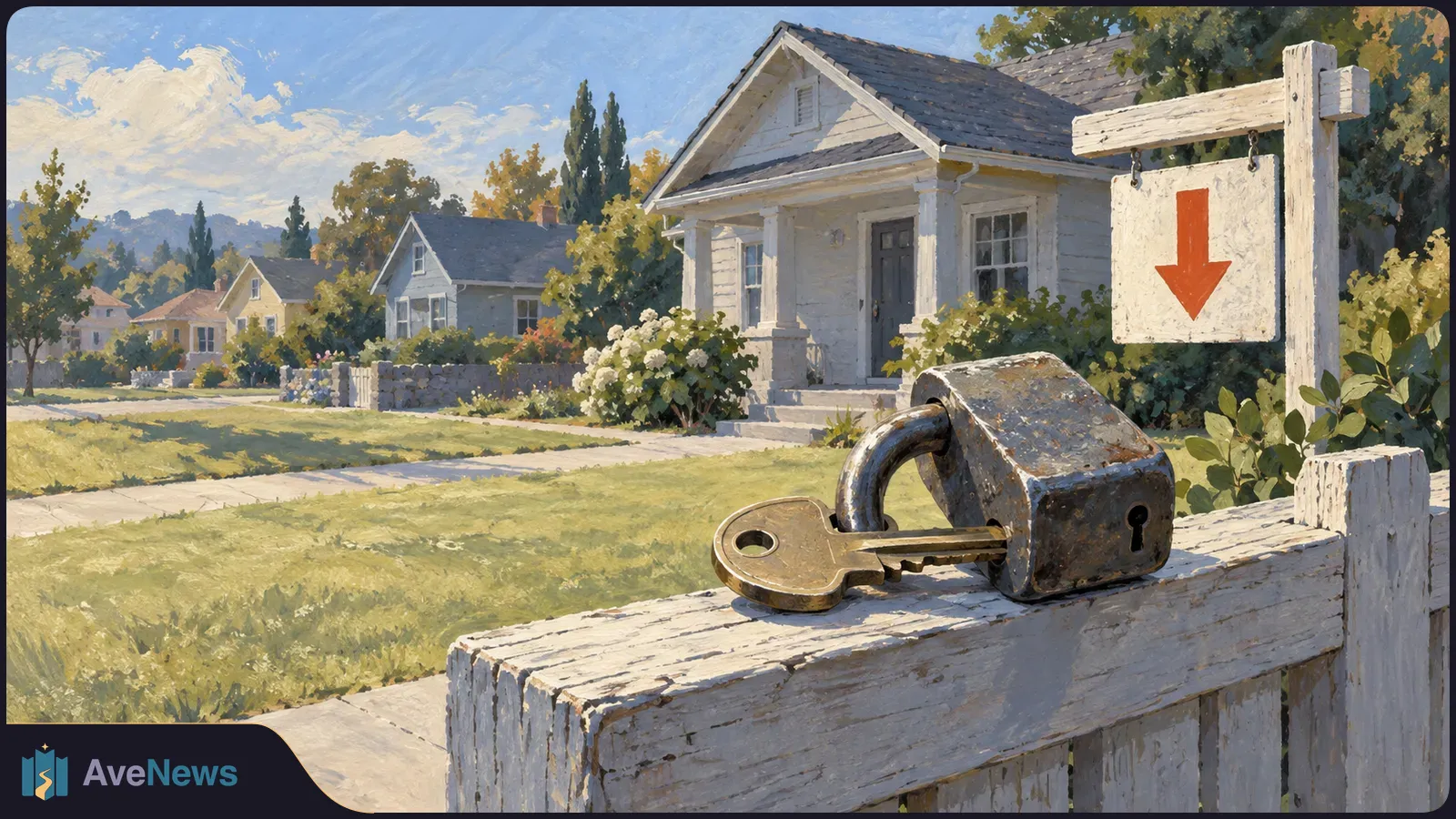 Painted suburban homes behind a white fence holding a large padlock and key; a hanging sign bears a red downward arrow. SI illustration