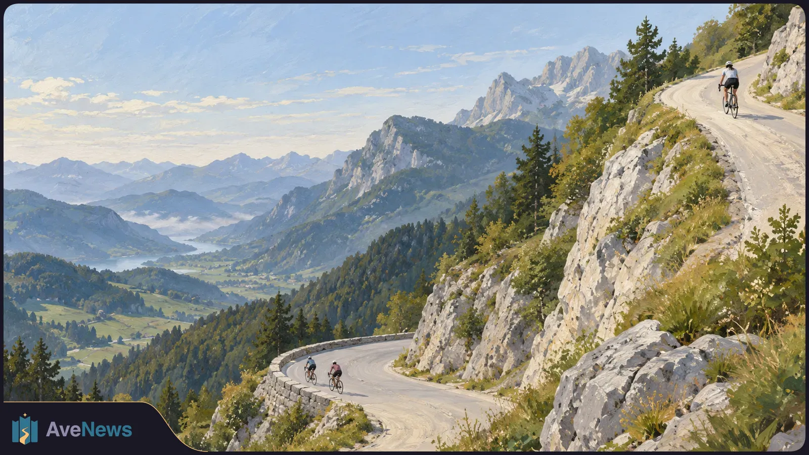 Painted mountain landscape with one cyclist riding up a high winding road and two cyclists on a lower bend, with rocky slopes, forests and a valley below. SI illustration