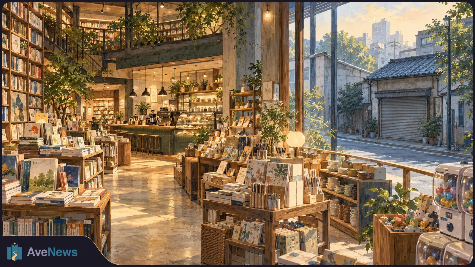 Sunlit bookstore with tables of books and stationery, a café counter at the back, and capsule-toy machines beside a large street-facing window. SI illustration