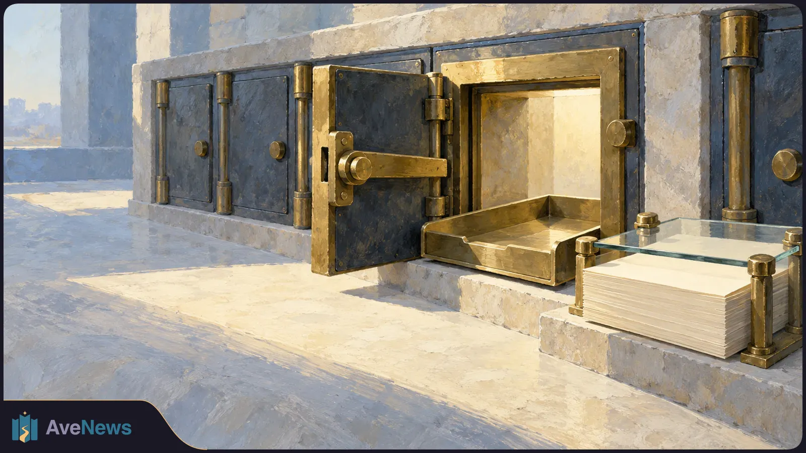 Illustration of an open metal vault compartment with a pull-out tray, beside closed compartments and a stack of blank papers under glass. SI illustration