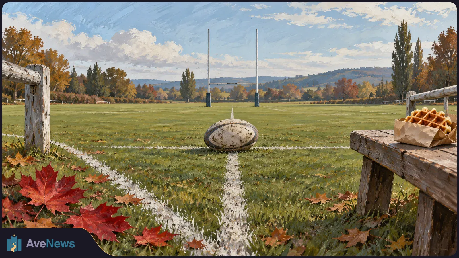 A painted rugby ball rests on a marked field, with red maple leaves in the foreground, waffles in a paper bag on a wooden rail, and goalposts in the distance. SI illustration