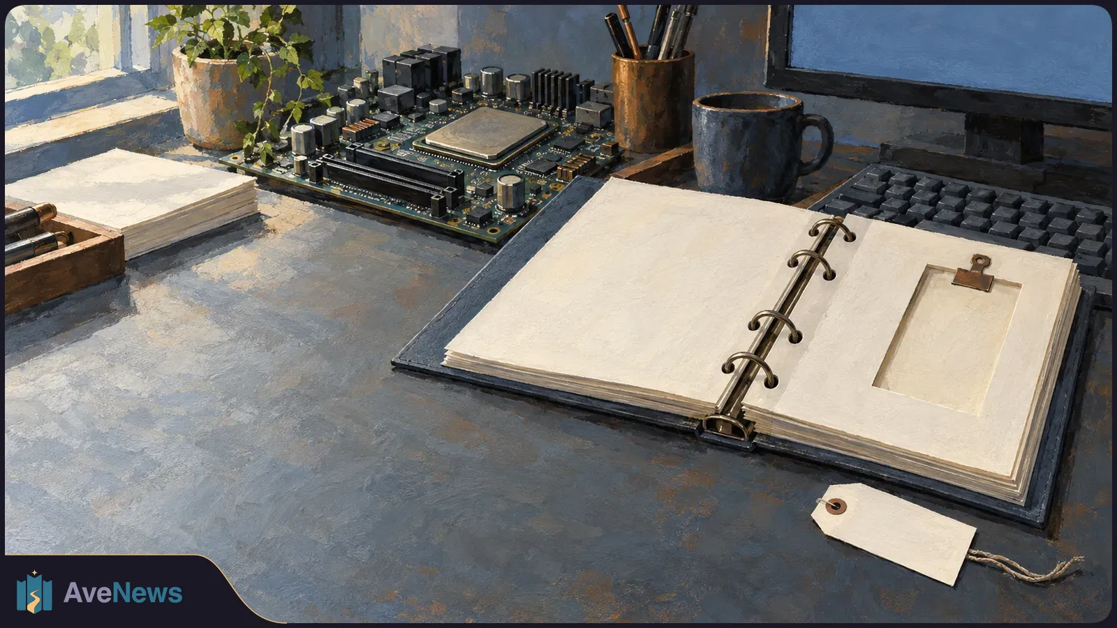Painterly illustration of an open blank ring binder beside a computer motherboard, keyboard and monitor, with a loose blank tag on the desk. SI illustration