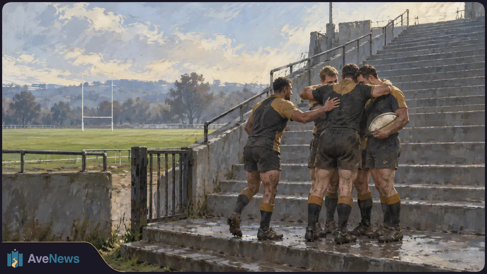 Painterly illustration of five rugby players huddled on concrete stadium steps beside a grassy field and goalposts; one holds a rugby ball. SI illustration