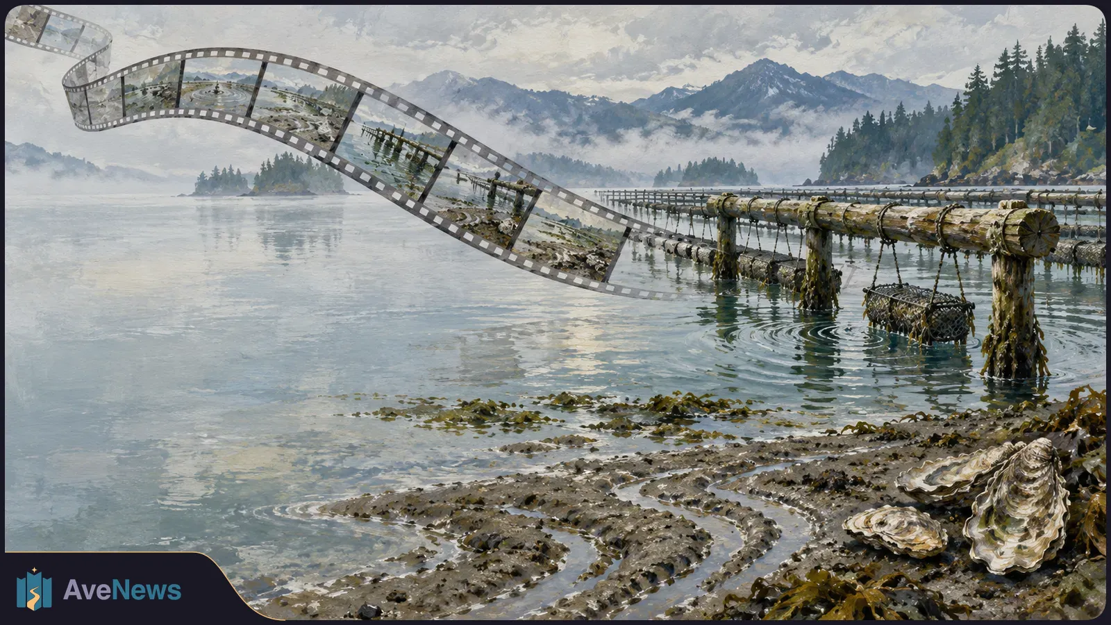 A painted oyster farm with hanging baskets, shells on a muddy shore, misty mountains, and a filmstrip winding across the scene. SI illustration