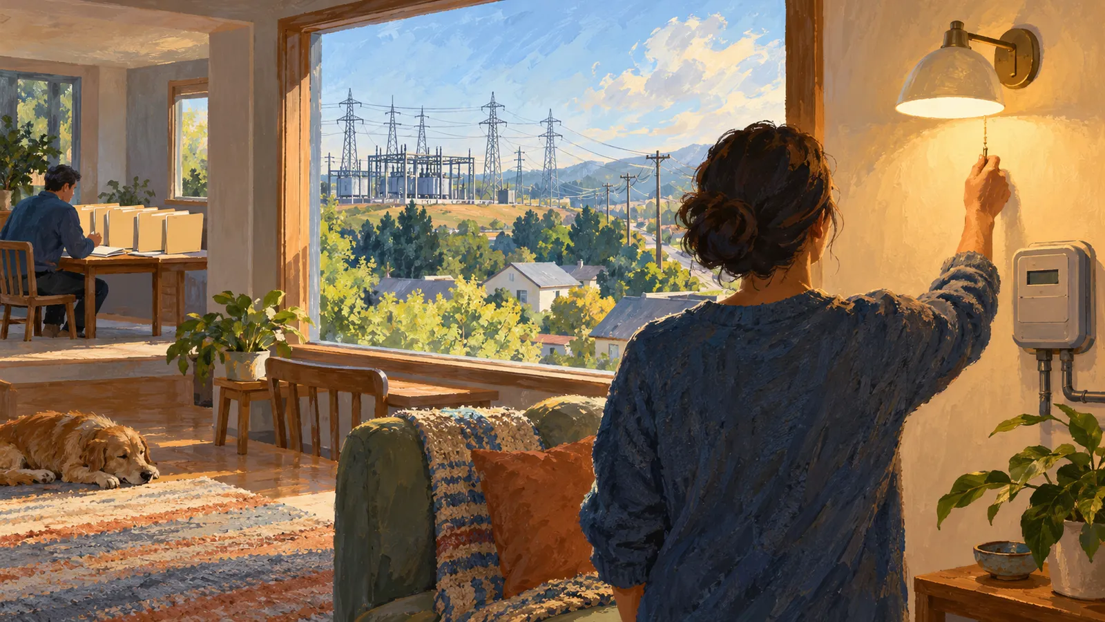 A painted scene shows a person pulling the chain of a lit wall lamp, while another sits at a desk and a dog rests nearby. Power lines and a substation are visible through the window. SI illustration