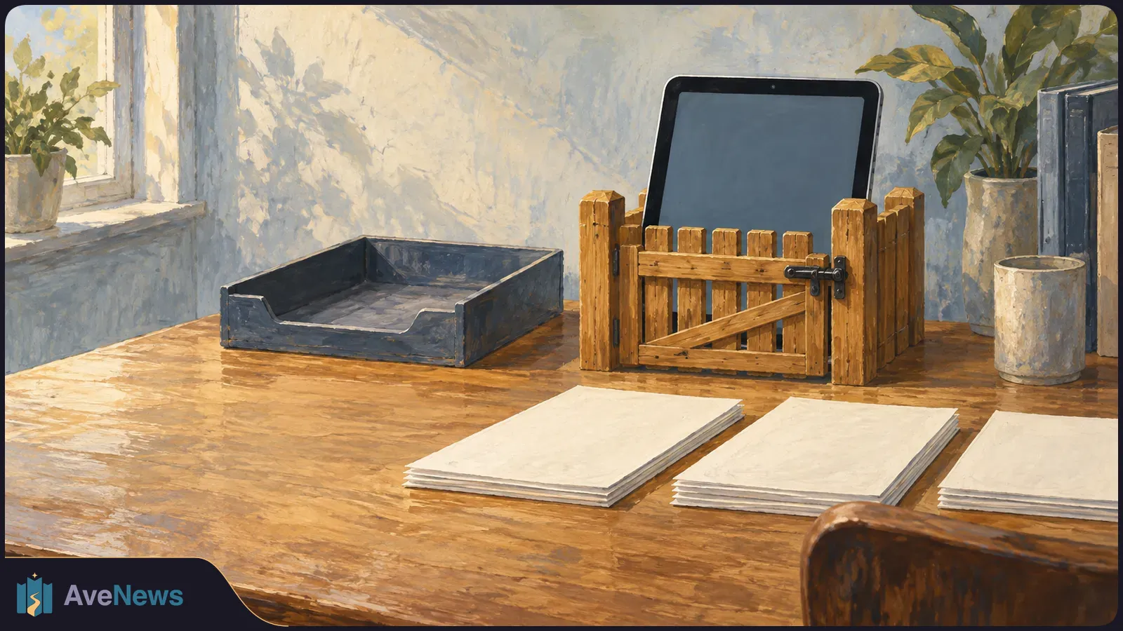 Painted desk scene with a blank tablet behind a small wooden gate, an empty tray, three stacks of blank paper and potted plants. SI illustration