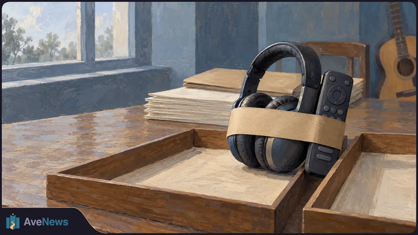 A painted scene shows headphones and a remote bound together with a paper band in a wooden tray. Blank papers, a guitar and a window sit behind them. SI illustration