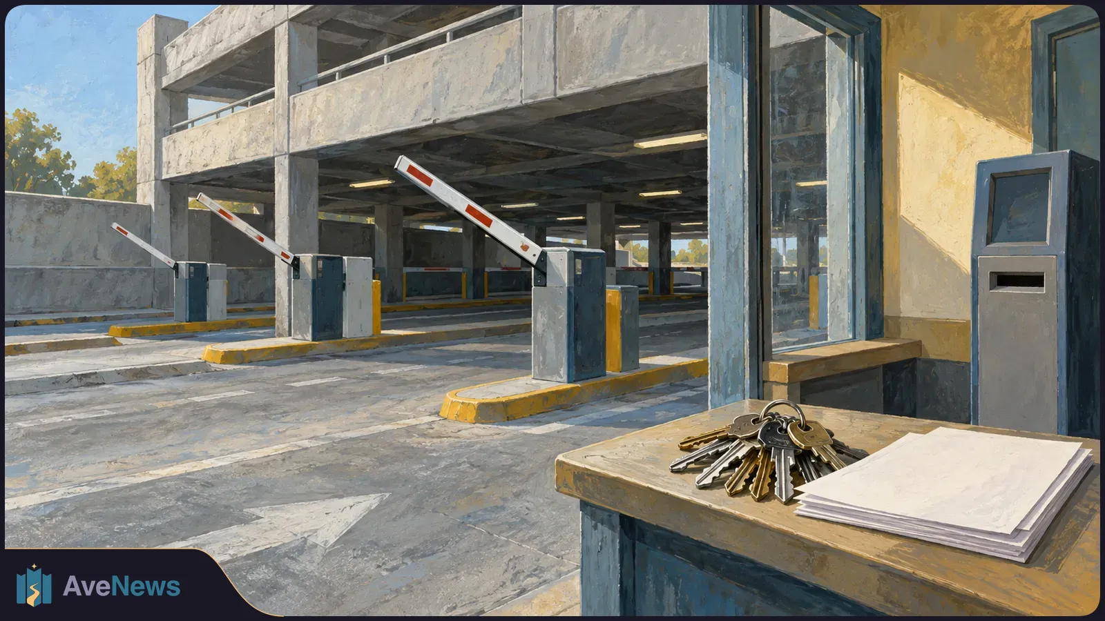 Painted view of a multilevel car park entrance with three raised barriers. Keys and a stack of blank papers sit on a booth counter in the foreground. SI illustration