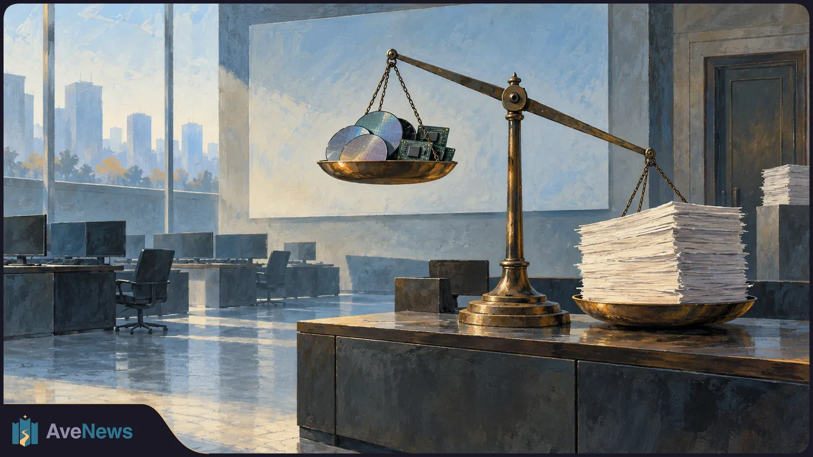 A painted office scene shows a balance scale with semiconductor wafers and circuit boards on one pan and a tall stack of papers on the lower pan. Desks and a city skyline fill the background. SI illustration