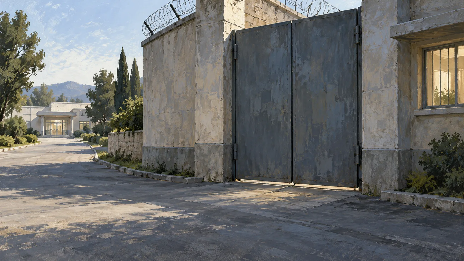 A closed gray metal gate stands in a stone wall topped with barbed wire. A tree-lined driveway leads to a low building, with mountains in the distance. SI illustration