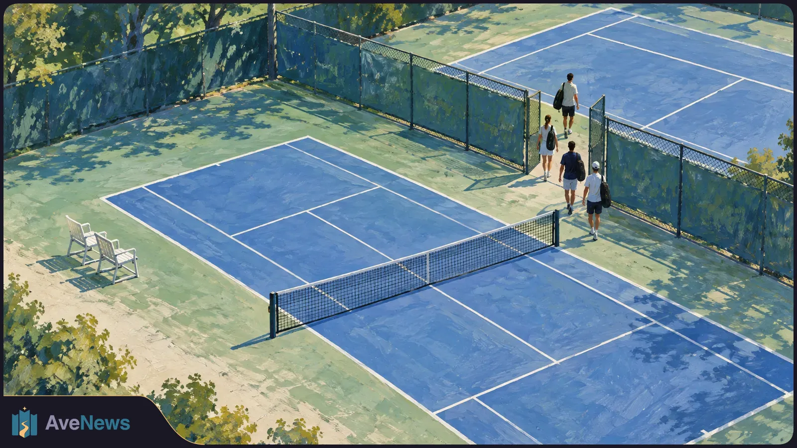 An overhead painting of two blue tennis courts. Four people carrying bags walk beside the fence, and two empty chairs sit near the foreground court. SI illustration