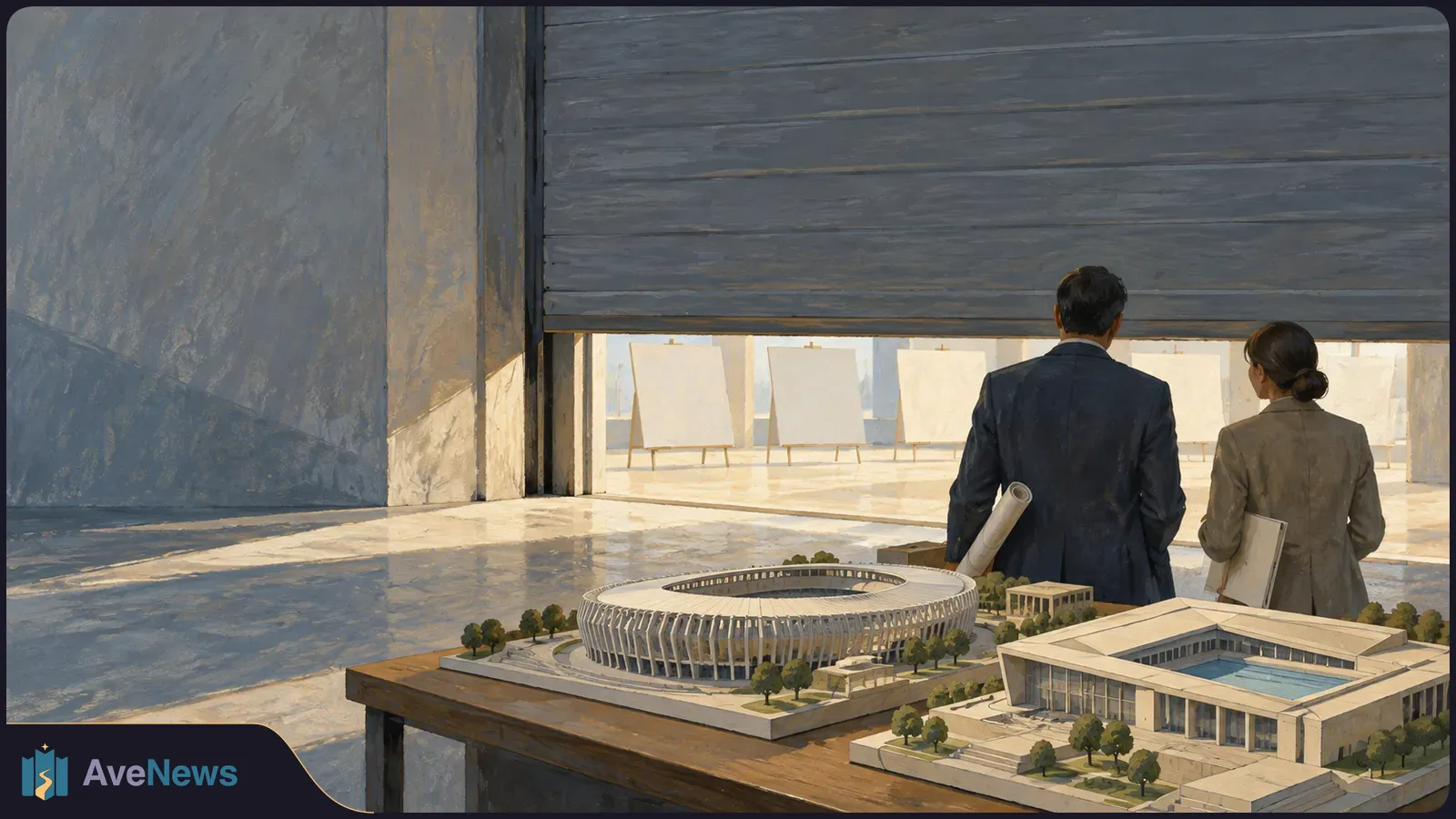 Two people seen from behind stand beside a table of stadium and building models, facing a partly raised shutter with blank display boards beyond it. SI illustration