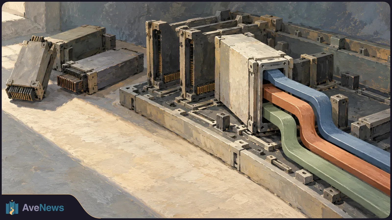 Illustration of gray industrial modules on a platform, with three broad blue, orange and green cables emerging from a central housing; two modules lie to the left. SI illustration