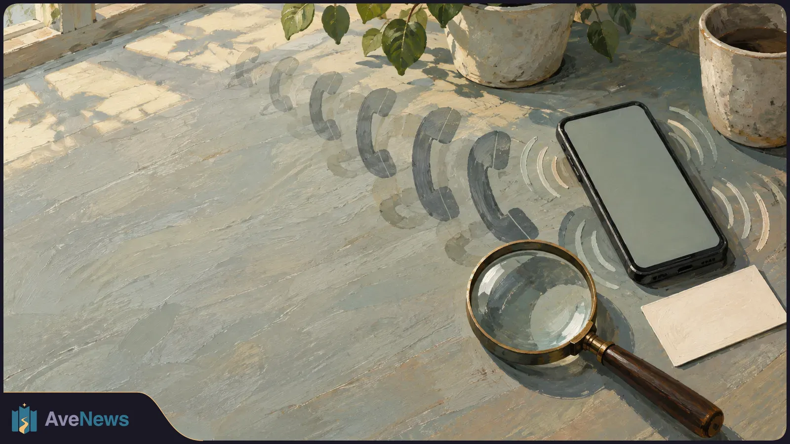 Painterly illustration of a blank-screen phone on a sunlit table, with repeated handset shapes, ringing arcs, a magnifying glass and a blank card. SI illustration