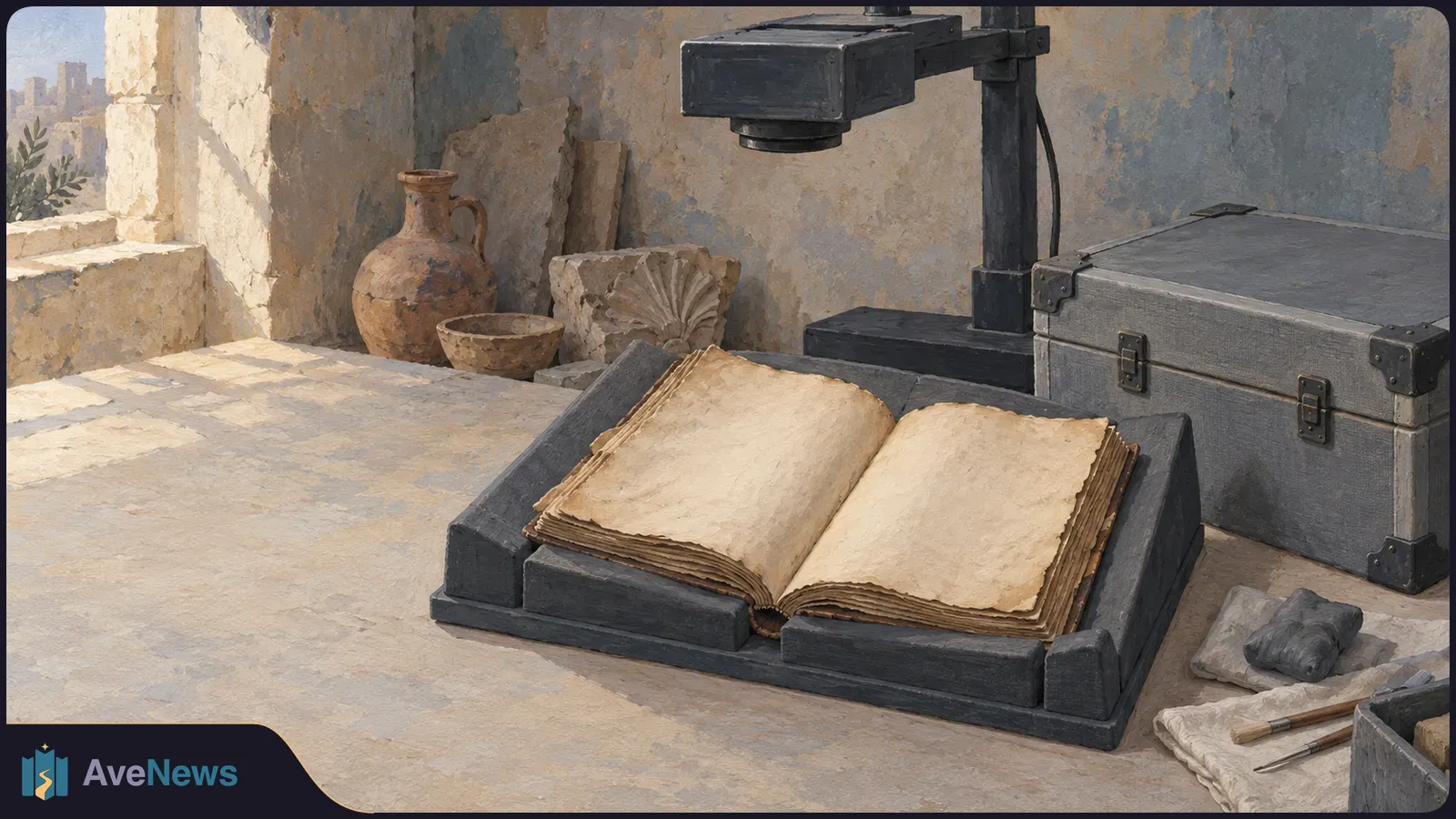 Illustration of an open, blank-paged manuscript beneath an overhead camera, with a storage case, pottery, brushes and stone fragments nearby. SI illustration