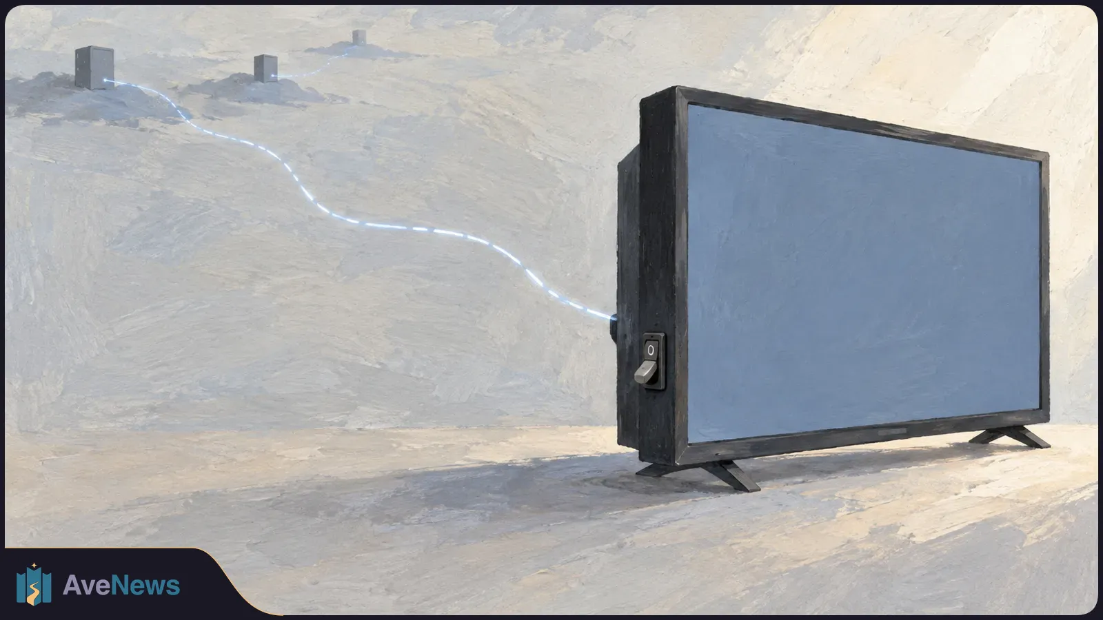 Painted illustration of a blank blue TV screen with a switch on its side; a glowing line runs from the TV to three small dark boxes in the distance. SI illustration