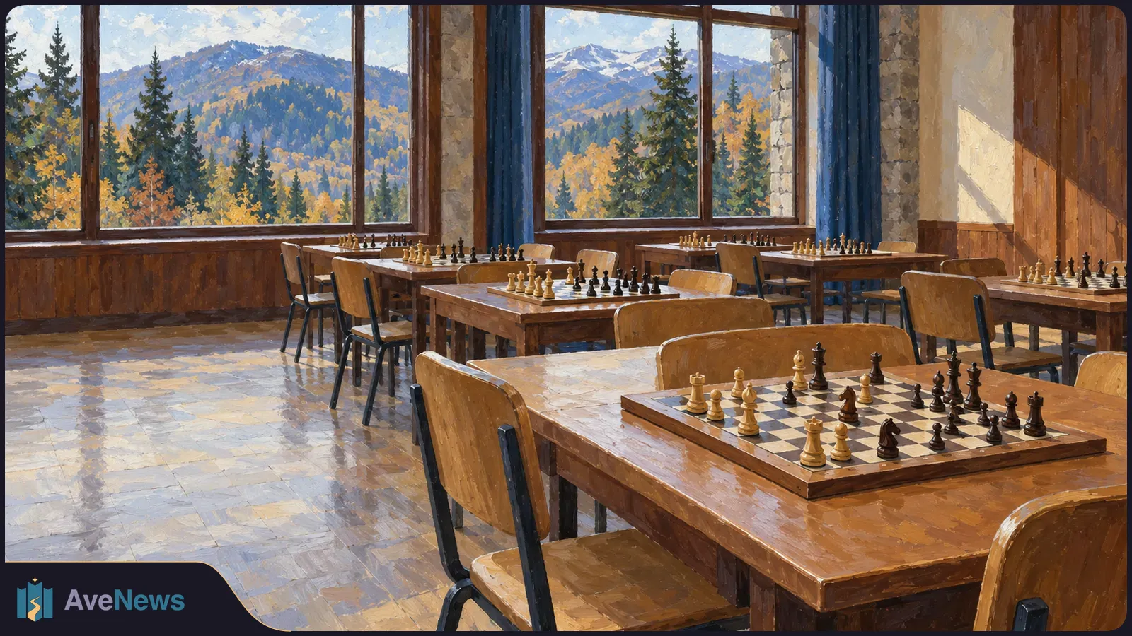 Painted classroom with chessboards on several tables and empty chairs; autumn trees and mountains are visible through large windows. SI illustration
